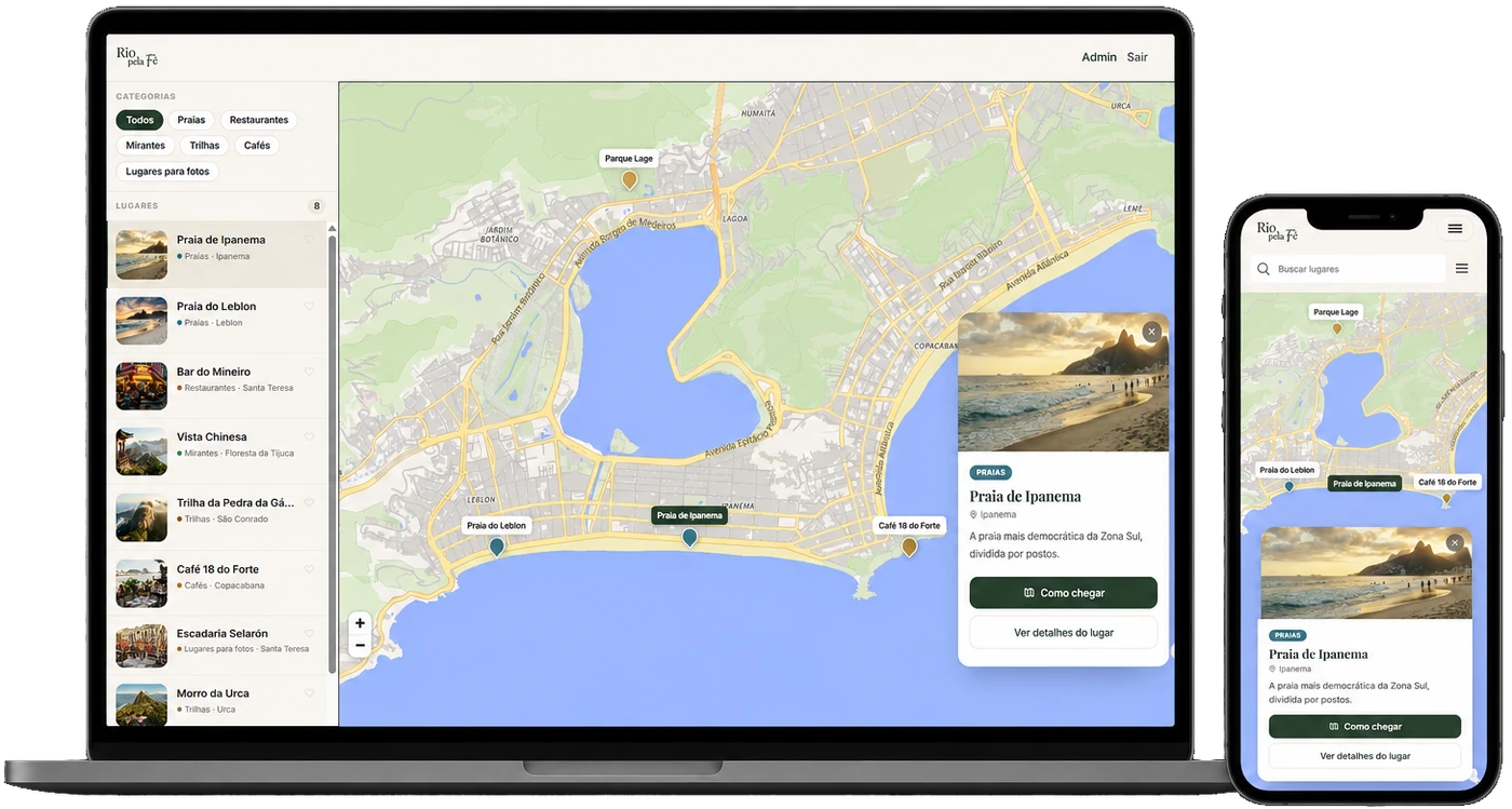Plataforma Rio pela Fê num notebook e num celular, mostrando o mapa interativo do Rio